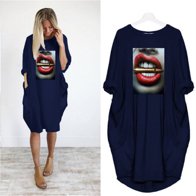 Fashion Women Dress Red Lips Sexy Beauty Print Women Full Sleeve O-neck Casual Loose Fall Thin Plus Size Female Midi Dresses