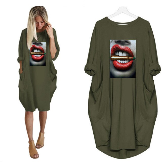 Fashion Women Dress Red Lips Sexy Beauty Print Women Full Sleeve O-neck Casual Loose Fall Thin Plus Size Female Midi Dresses