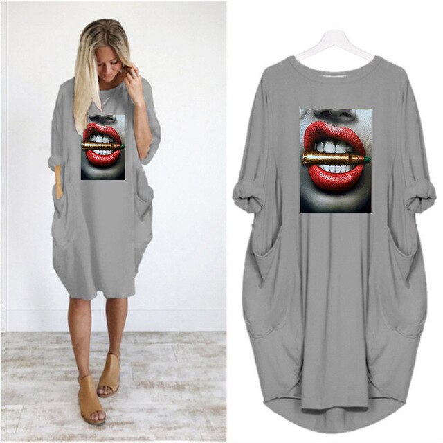 Fashion Women Dress Red Lips Sexy Beauty Print Women Full Sleeve O-neck Casual Loose Fall Thin Plus Size Female Midi Dresses