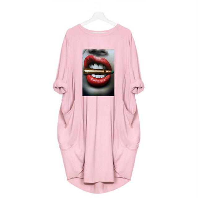 Fashion Women Dress Red Lips Sexy Beauty Print Women Full Sleeve O-neck Casual Loose Fall Thin Plus Size Female Midi Dresses