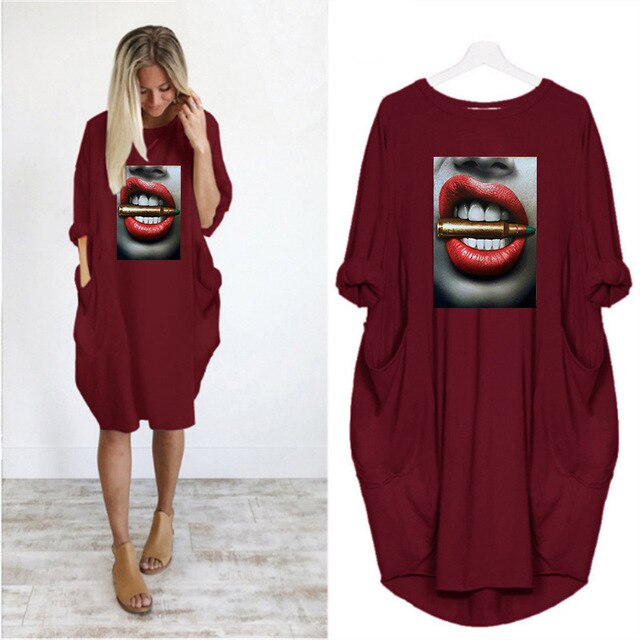 Fashion Women Dress Red Lips Sexy Beauty Print Women Full Sleeve O-neck Casual Loose Fall Thin Plus Size Female Midi Dresses