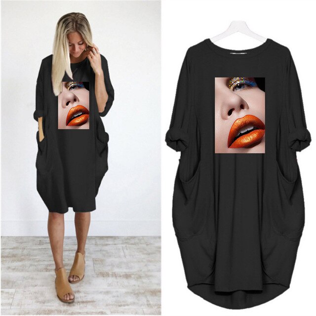 Fashion Women Dress Red Lips Sexy Beauty Print Women Full Sleeve O-neck Casual Loose Fall Thin Plus Size Female Midi Dresses