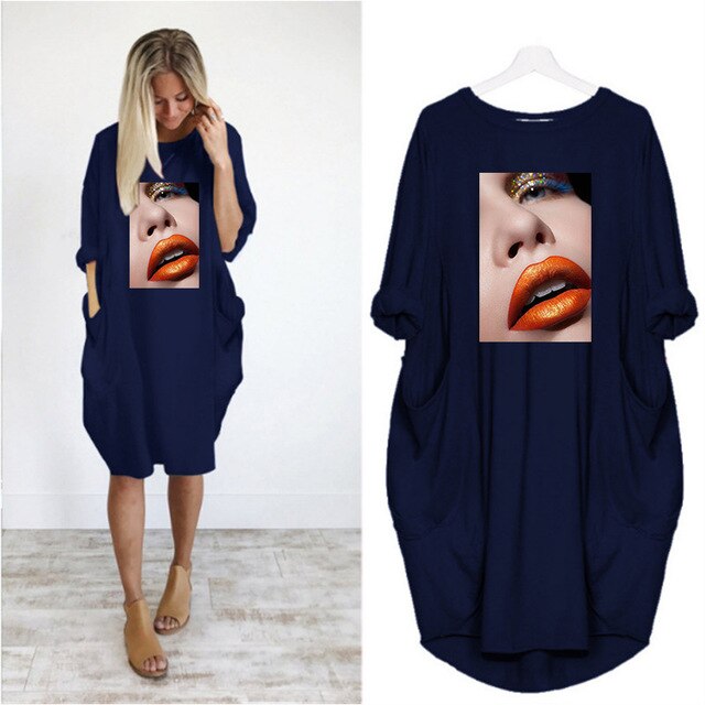 Fashion Women Dress Red Lips Sexy Beauty Print Women Full Sleeve O-neck Casual Loose Fall Thin Plus Size Female Midi Dresses