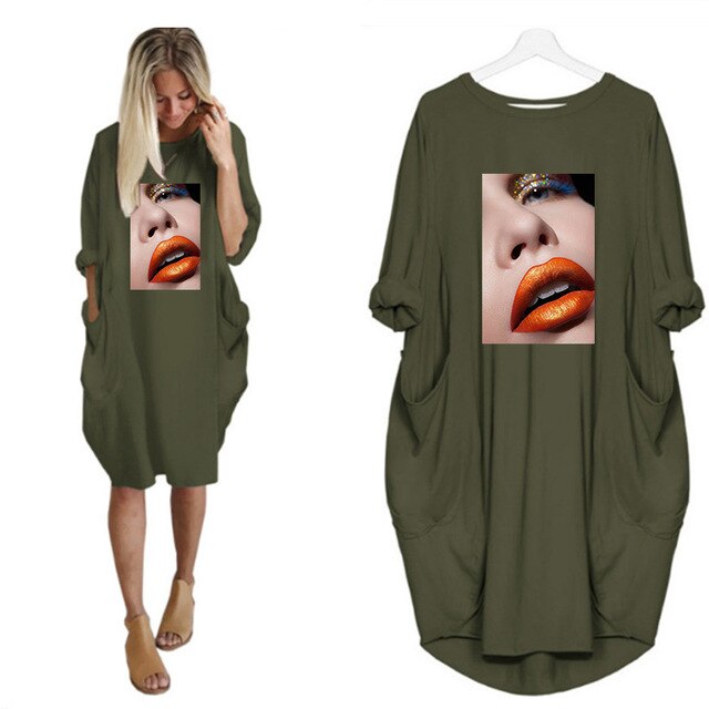 Fashion Women Dress Red Lips Sexy Beauty Print Women Full Sleeve O-neck Casual Loose Fall Thin Plus Size Female Midi Dresses