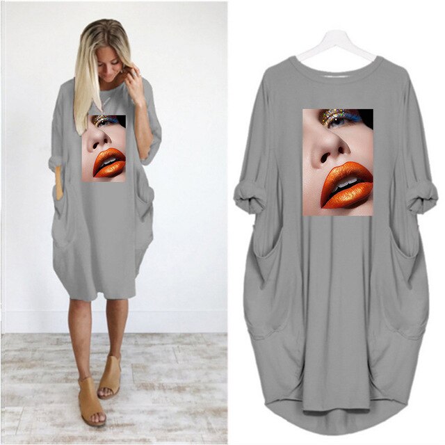 Fashion Women Dress Red Lips Sexy Beauty Print Women Full Sleeve O-neck Casual Loose Fall Thin Plus Size Female Midi Dresses