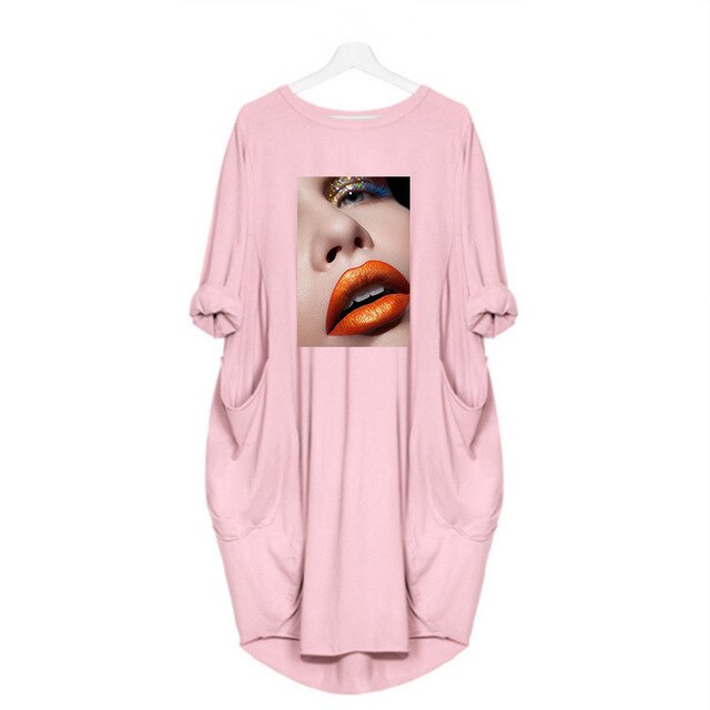 Fashion Women Dress Red Lips Sexy Beauty Print Women Full Sleeve O-neck Casual Loose Fall Thin Plus Size Female Midi Dresses