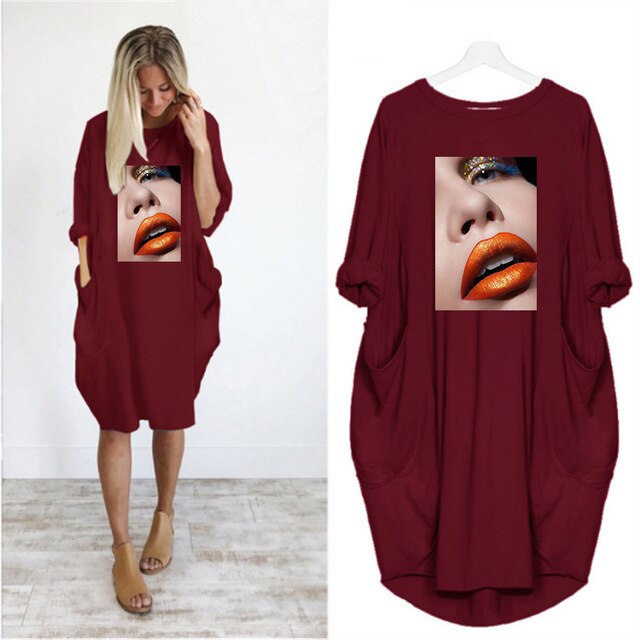 Fashion Women Dress Red Lips Sexy Beauty Print Women Full Sleeve O-neck Casual Loose Fall Thin Plus Size Female Midi Dresses