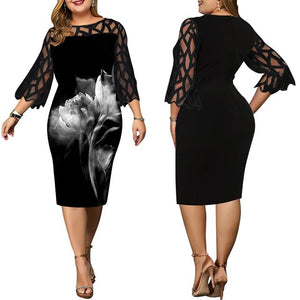 6XL Elegant Women Dress Plus Size Transparent Seven Sleeve Party Dress Autumn Ladies Knee-Length Dress Fall Retro vestidos