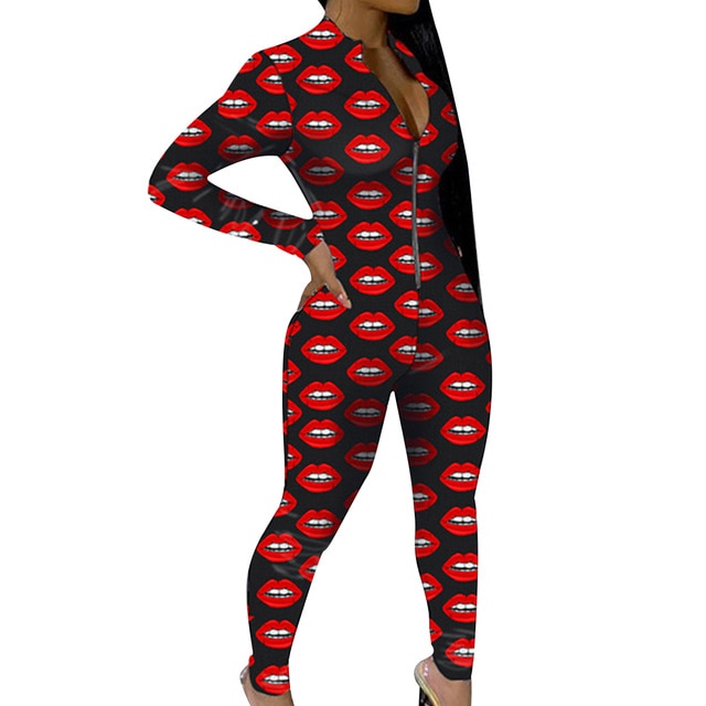 Lip Print Sexy Onesie For Adult Cartoon Pajamas Onesie Pyjamas Women Sleepwear Long Jumpsuit Christmas Party Wear
