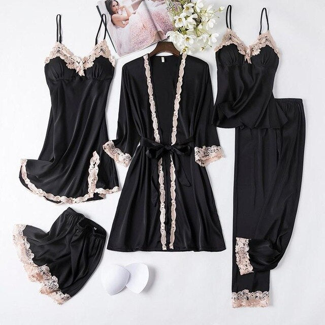 Sexy Female Robe Set 5PCS Satin Rayon Bathrobe Women Kimono Bath Gown Casual Sleepwear Nightwear Bridesmaid Robes Suit Homewear