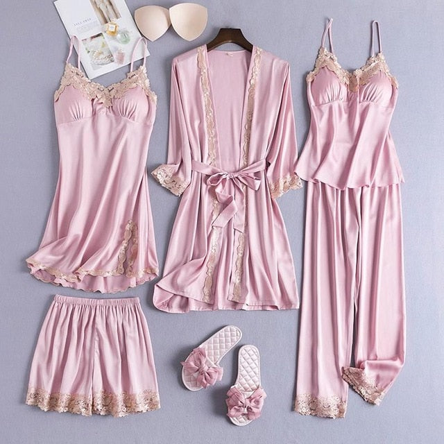 Sexy Female Robe Set 5PCS Satin Rayon Bathrobe Women Kimono Bath Gown Casual Sleepwear Nightwear Bridesmaid Robes Suit Homewear