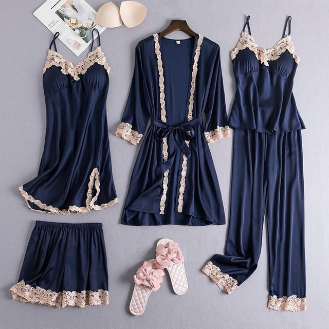Sexy Female Robe Set 5PCS Satin Rayon Bathrobe Women Kimono Bath Gown Casual Sleepwear Nightwear Bridesmaid Robes Suit Homewear