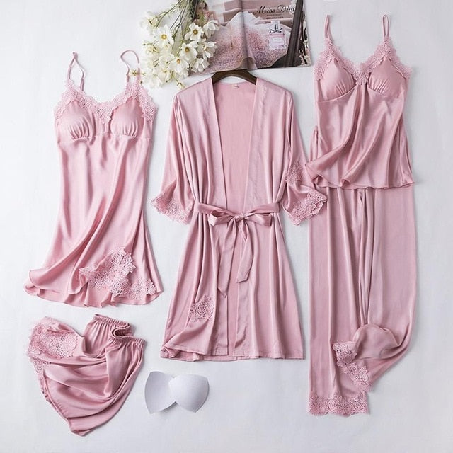 Sexy Female Robe Set 5PCS Satin Rayon Bathrobe Women Kimono Bath Gown Casual Sleepwear Nightwear Bridesmaid Robes Suit Homewear
