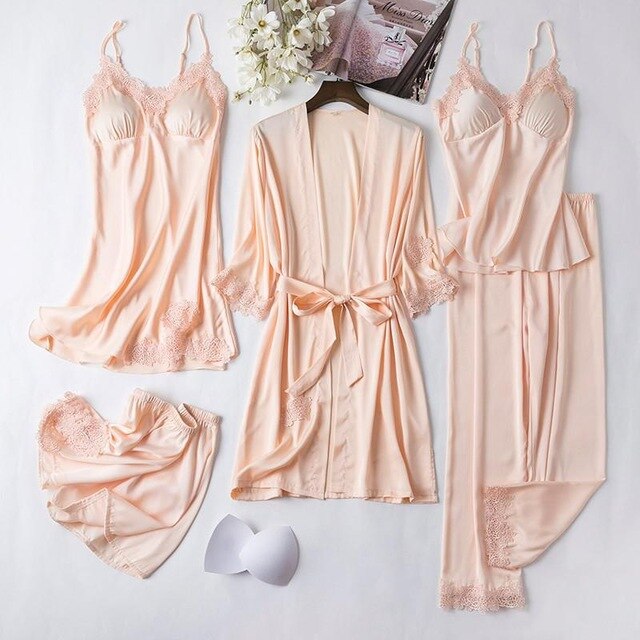 Sexy Female Robe Set 5PCS Satin Rayon Bathrobe Women Kimono Bath Gown Casual Sleepwear Nightwear Bridesmaid Robes Suit Homewear