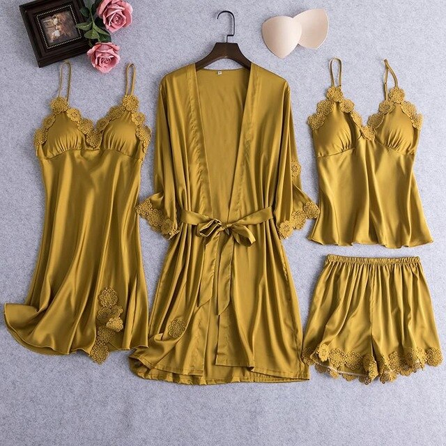 Sexy Female Robe Set 5PCS Satin Rayon Bathrobe Women Kimono Bath Gown Casual Sleepwear Nightwear Bridesmaid Robes Suit Homewear