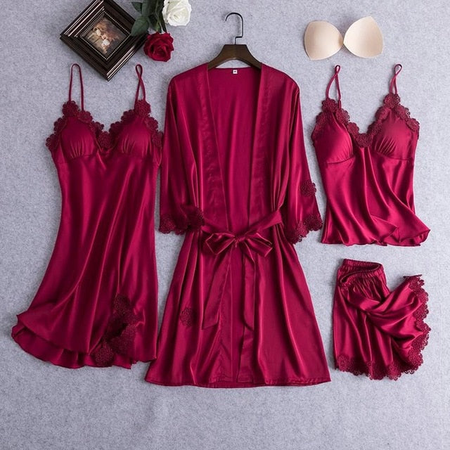 Sexy Female Robe Set 5PCS Satin Rayon Bathrobe Women Kimono Bath Gown Casual Sleepwear Nightwear Bridesmaid Robes Suit Homewear