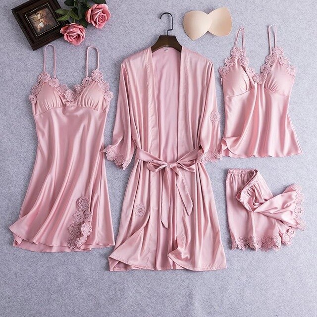 Sexy Female Robe Set 5PCS Satin Rayon Bathrobe Women Kimono Bath Gown Casual Sleepwear Nightwear Bridesmaid Robes Suit Homewear