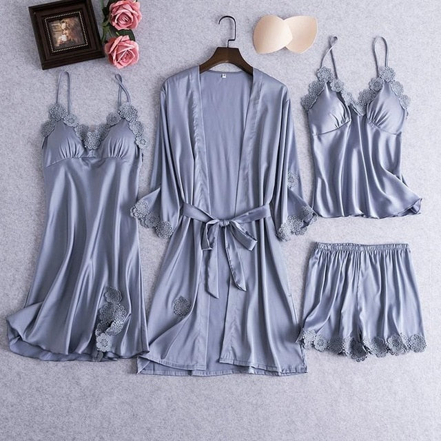 Sexy Female Robe Set 5PCS Satin Rayon Bathrobe Women Kimono Bath Gown Casual Sleepwear Nightwear Bridesmaid Robes Suit Homewear