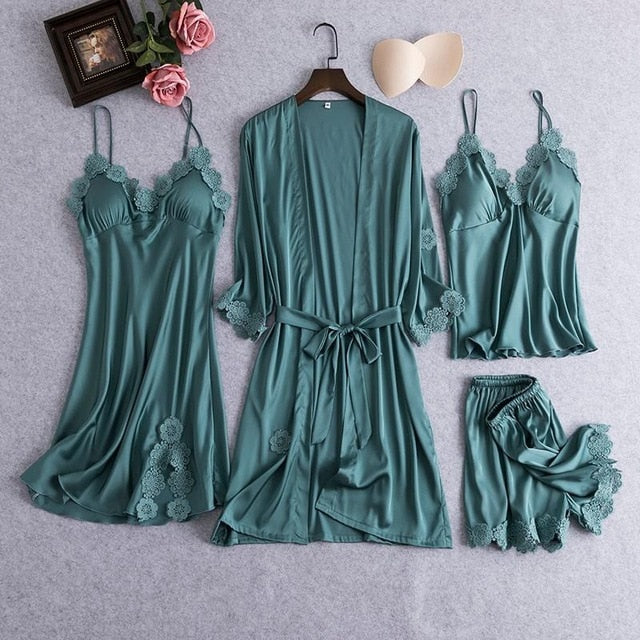 Sexy Female Robe Set 5PCS Satin Rayon Bathrobe Women Kimono Bath Gown Casual Sleepwear Nightwear Bridesmaid Robes Suit Homewear