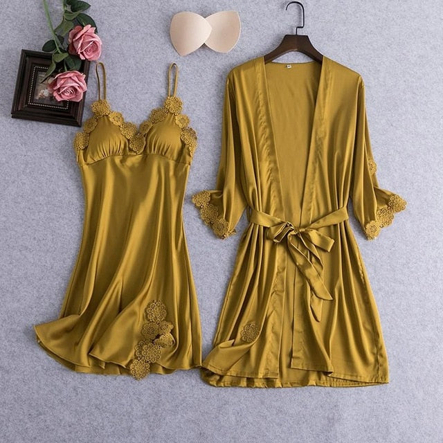 Sexy Female Robe Set 5PCS Satin Rayon Bathrobe Women Kimono Bath Gown Casual Sleepwear Nightwear Bridesmaid Robes Suit Homewear