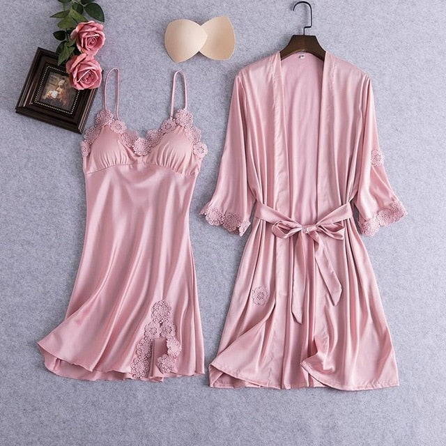 Sexy Female Robe Set 5PCS Satin Rayon Bathrobe Women Kimono Bath Gown Casual Sleepwear Nightwear Bridesmaid Robes Suit Homewear
