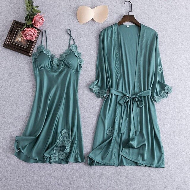 Sexy Female Robe Set 5PCS Satin Rayon Bathrobe Women Kimono Bath Gown Casual Sleepwear Nightwear Bridesmaid Robes Suit Homewear
