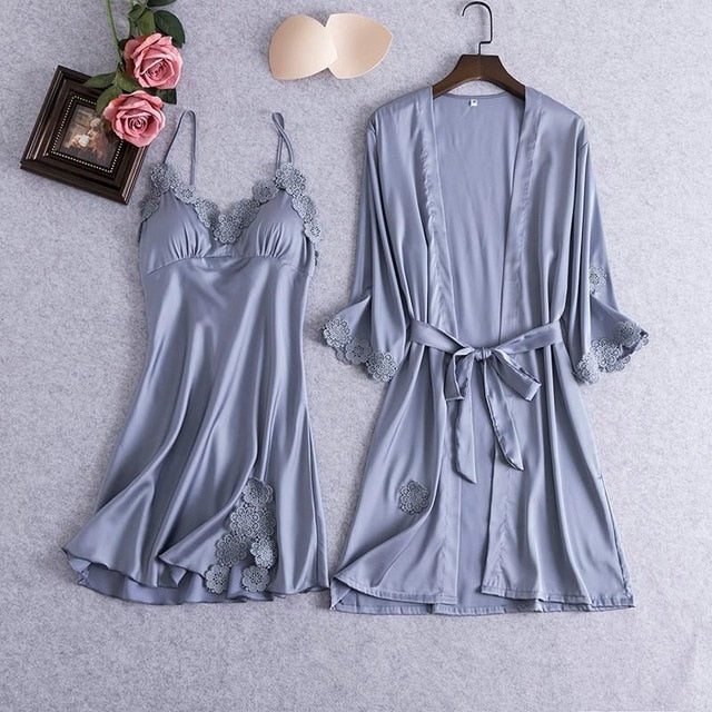 Sexy Female Robe Set 5PCS Satin Rayon Bathrobe Women Kimono Bath Gown Casual Sleepwear Nightwear Bridesmaid Robes Suit Homewear