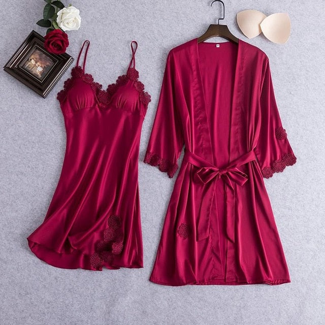 Sexy Female Robe Set 5PCS Satin Rayon Bathrobe Women Kimono Bath Gown Casual Sleepwear Nightwear Bridesmaid Robes Suit Homewear