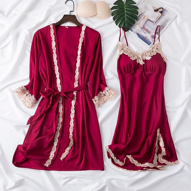 Sexy Female Robe Set 5PCS Satin Rayon Bathrobe Women Kimono Bath Gown Casual Sleepwear Nightwear Bridesmaid Robes Suit Homewear