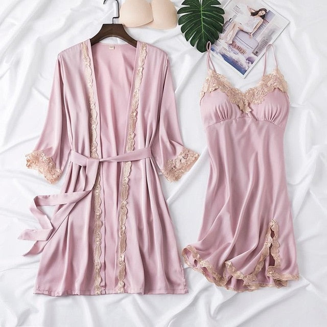 Sexy Female Robe Set 5PCS Satin Rayon Bathrobe Women Kimono Bath Gown Casual Sleepwear Nightwear Bridesmaid Robes Suit Homewear