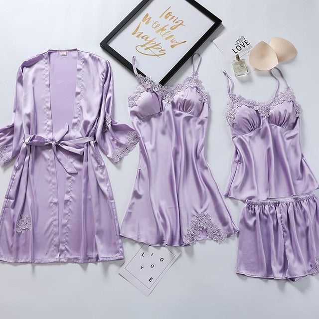 4PCS Pajamas Suit Intimate Lingerie Women Satin Sleepwear Kimono Robe Gown Casual Bride Bridesmaid Wedding Gift Sexy Nightgown