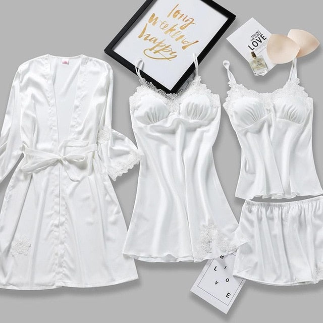 4PCS Pajamas Suit Intimate Lingerie Women Satin Sleepwear Kimono Robe Gown Casual Bride Bridesmaid Wedding Gift Sexy Nightgown