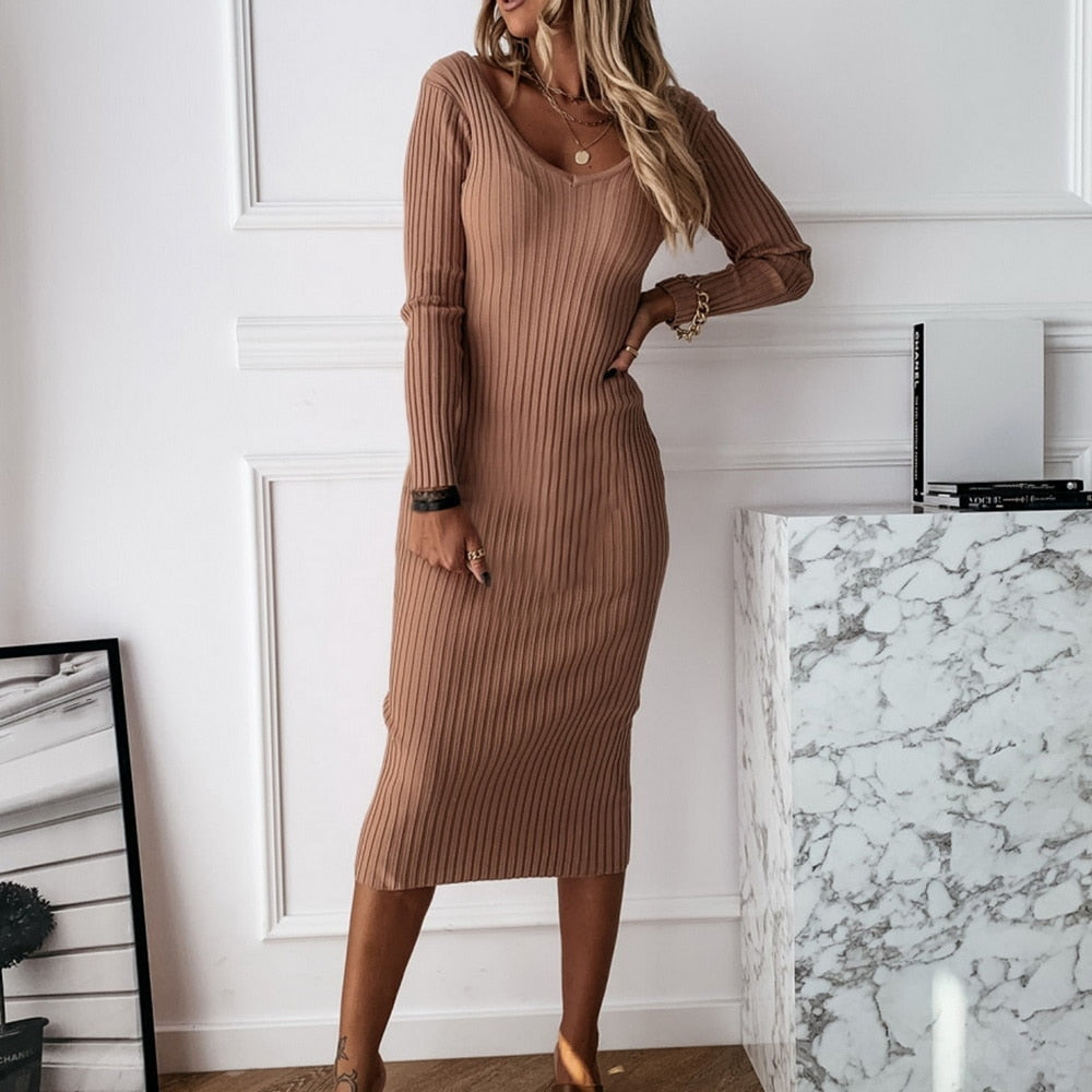 Mid-Calf Knitted Dress Sexy Long Sleeve Autumn Casual Stretchy Elastic Elegant O-Neck Women Solid Dresses Bodycon