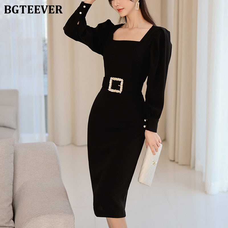 BGTEEVER Elegant Office Ladies Dress Square Collar Long Sleeve Button Female Bodycon Dress Slim Waist Sashes Women Dress 2020