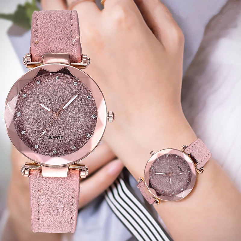 2022 Women Watch Imitation Leather Belt Watch Star Sky Dial Clock Quartz Wrist Watches Ladies Casual Mesh Belt Wristwatch Clock