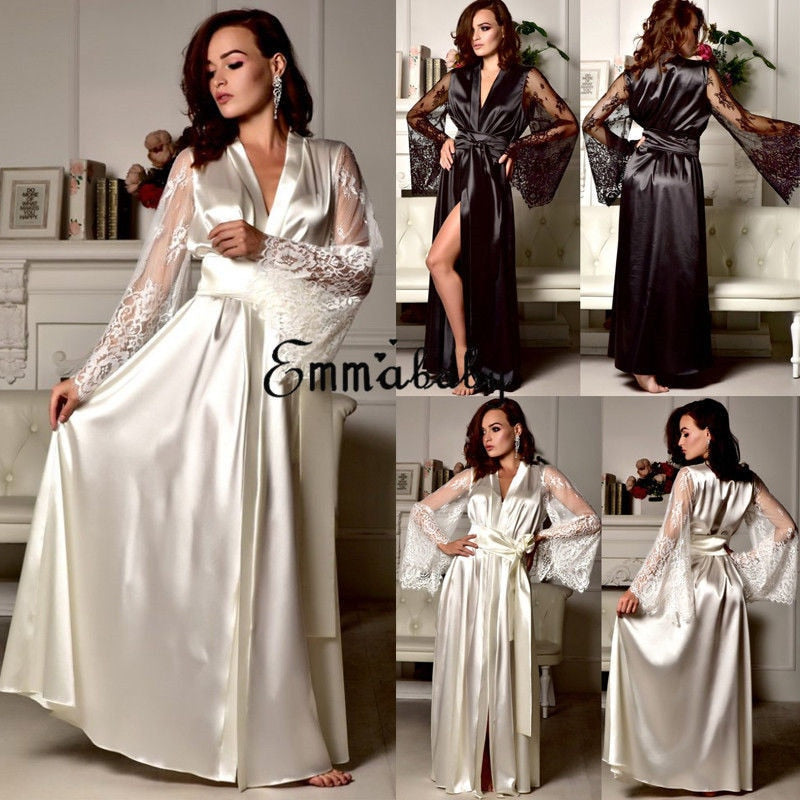 New Lingerie Sleepwear Satin Lace Sexy Women Sissy Long Sleeve Loose Bathrobe Kimono Babydoll Nightwear Robe Deep V Bathrobe