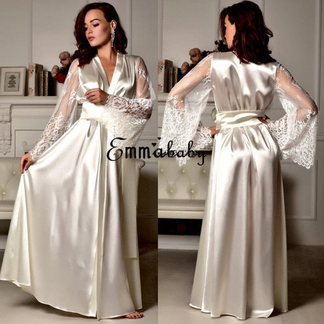 New Lingerie Sleepwear Satin Lace Sexy Women Sissy Long Sleeve Loose Bathrobe Kimono Babydoll Nightwear Robe Deep V Bathrobe